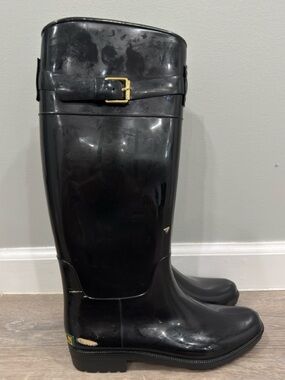 Black Glossy Tall Rain Boots with Gold Buckle